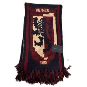 🧣 NWT Tommy Hilfiger Wool Blend Logo Scarf • Navy Dark Red Cream • One Size ✨